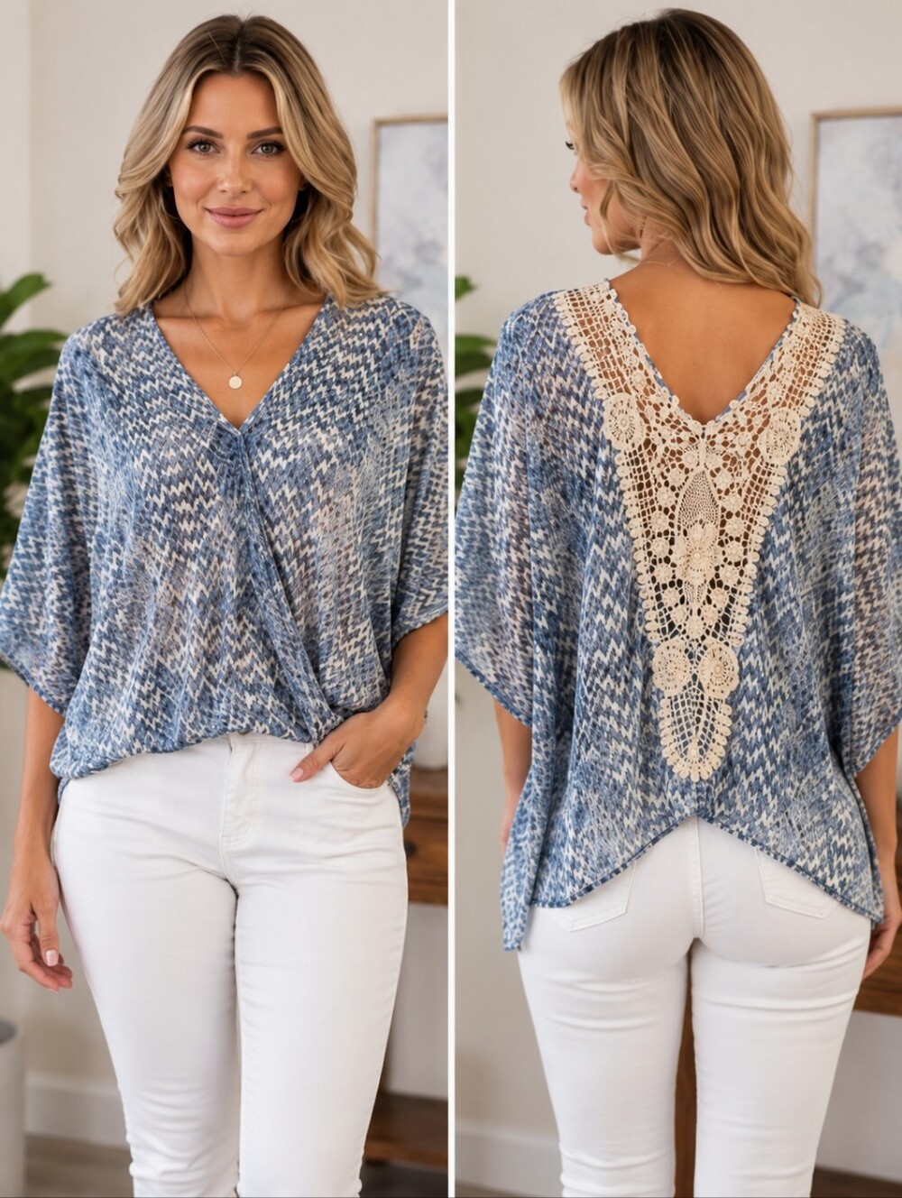 Anthropologie Lovestitch Blue & White Ikat Print Top with Crochet Lace Detail
